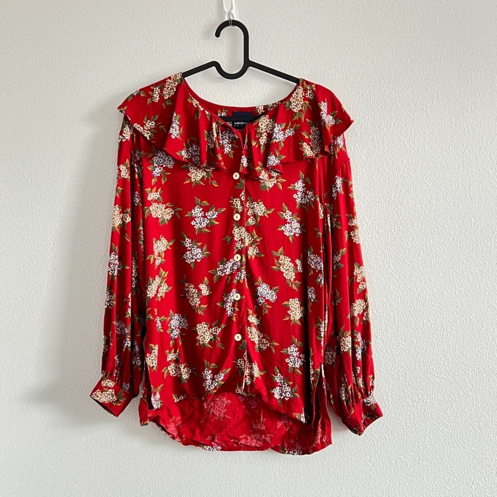 Vintage Lizsport Petite Floral Ruffle Collar Button-Up Red Blouse SP Cottagecore